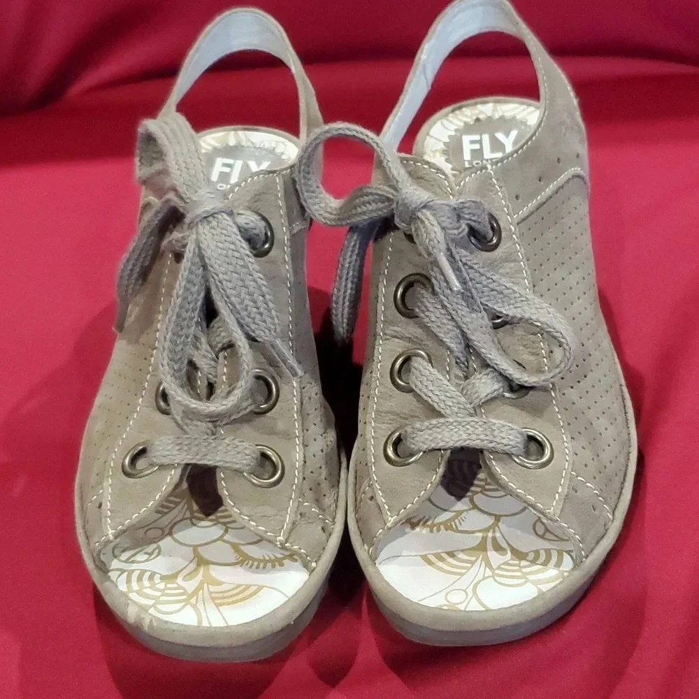 Fly London taupe leather lace up wedge peep toe shoes